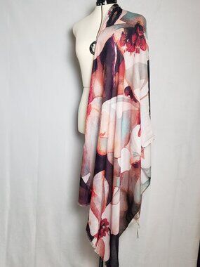 Chico's Colorful Floral Watercolor Blotted Oblong Lightweight Scarf 72" x 29"